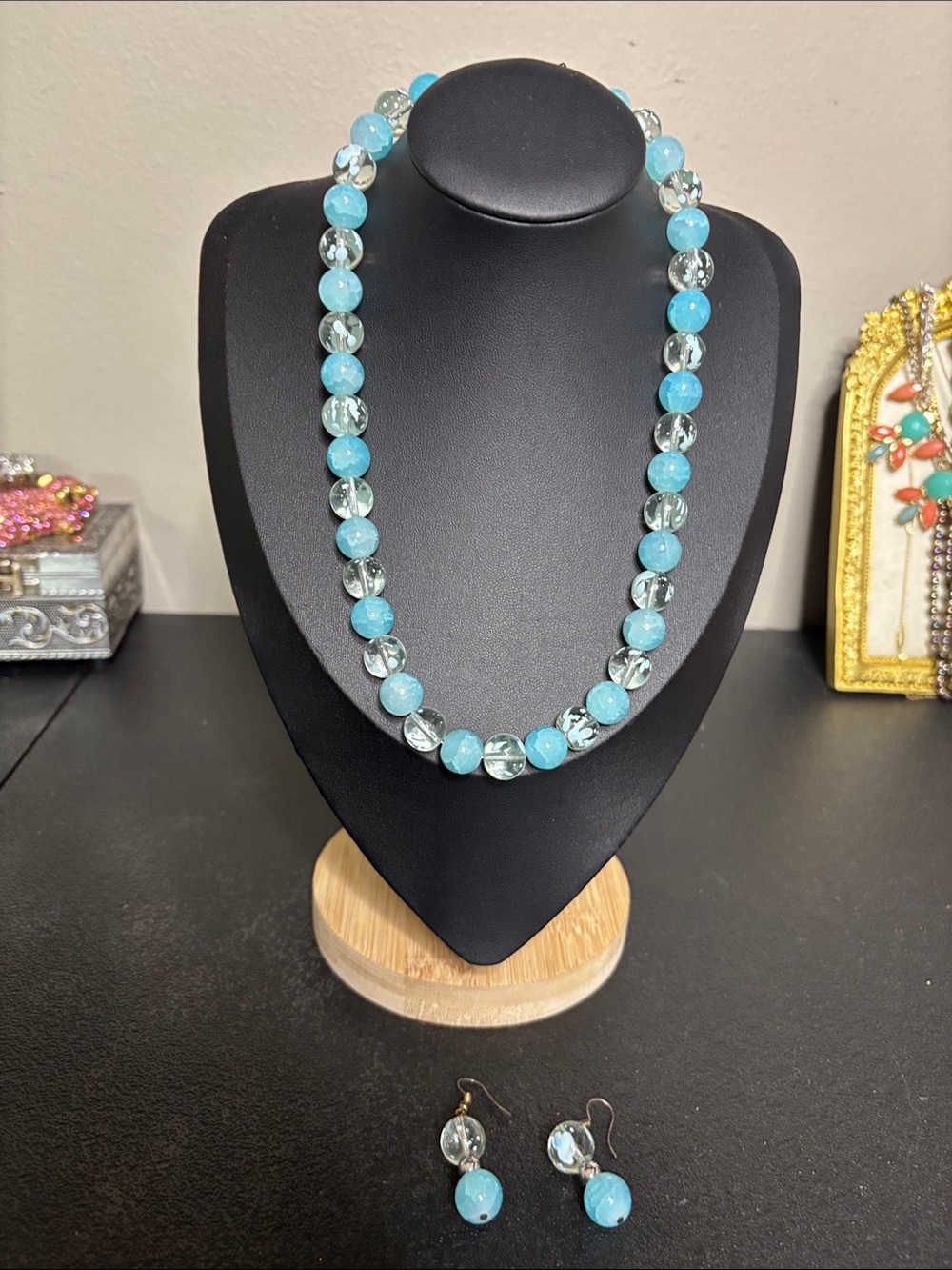Aquamarine Blue Glass Beaded Necklace and Earring Set